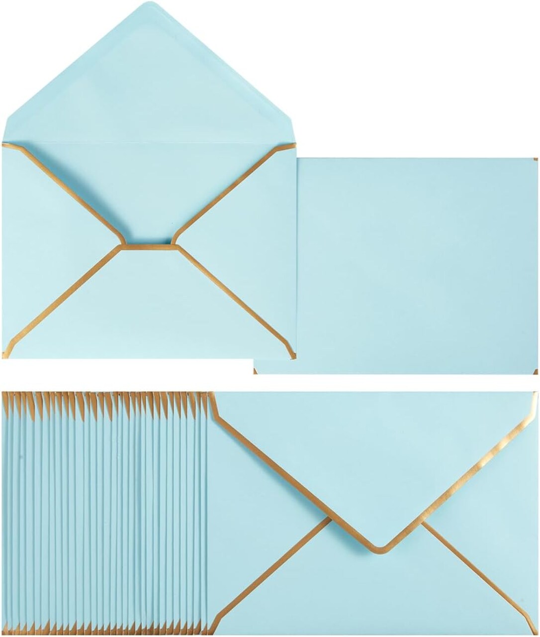 50-Pack A7 Light Blue Envelopes – 5" x 7" Self-Adhesive V-Flap Envelopes with Gold Border, Perfect for Office Use, Greeting Cards, Weddings, Graduations, Baby Showers, Parties, and Invitations